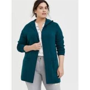 Torrid Teal Hooded Longline Cardigan With Pockets- Size 3- NWOT